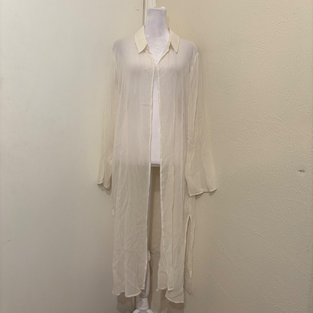 Eileen Fisher Silk Georgette Collared Long Sheer Duster Cardigan Off White XL